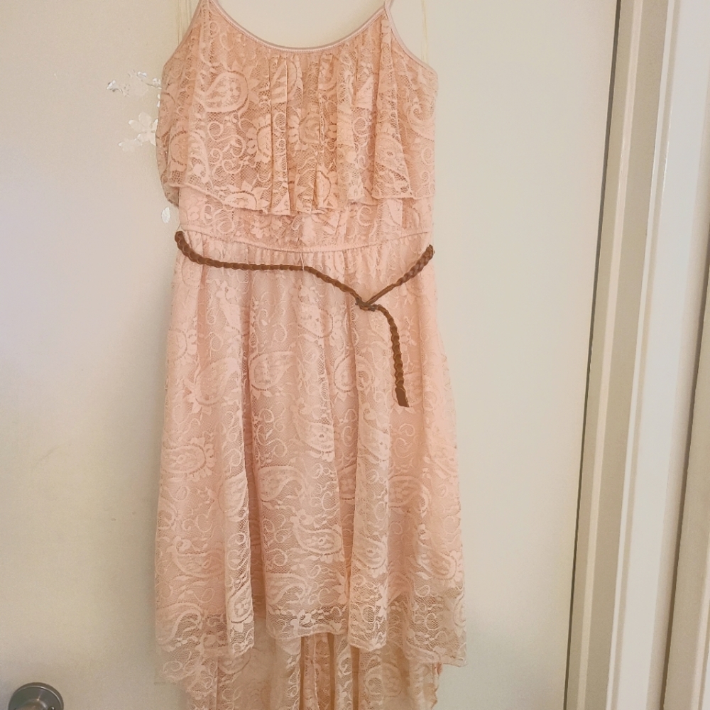 Blush pink lace spring dress with belt